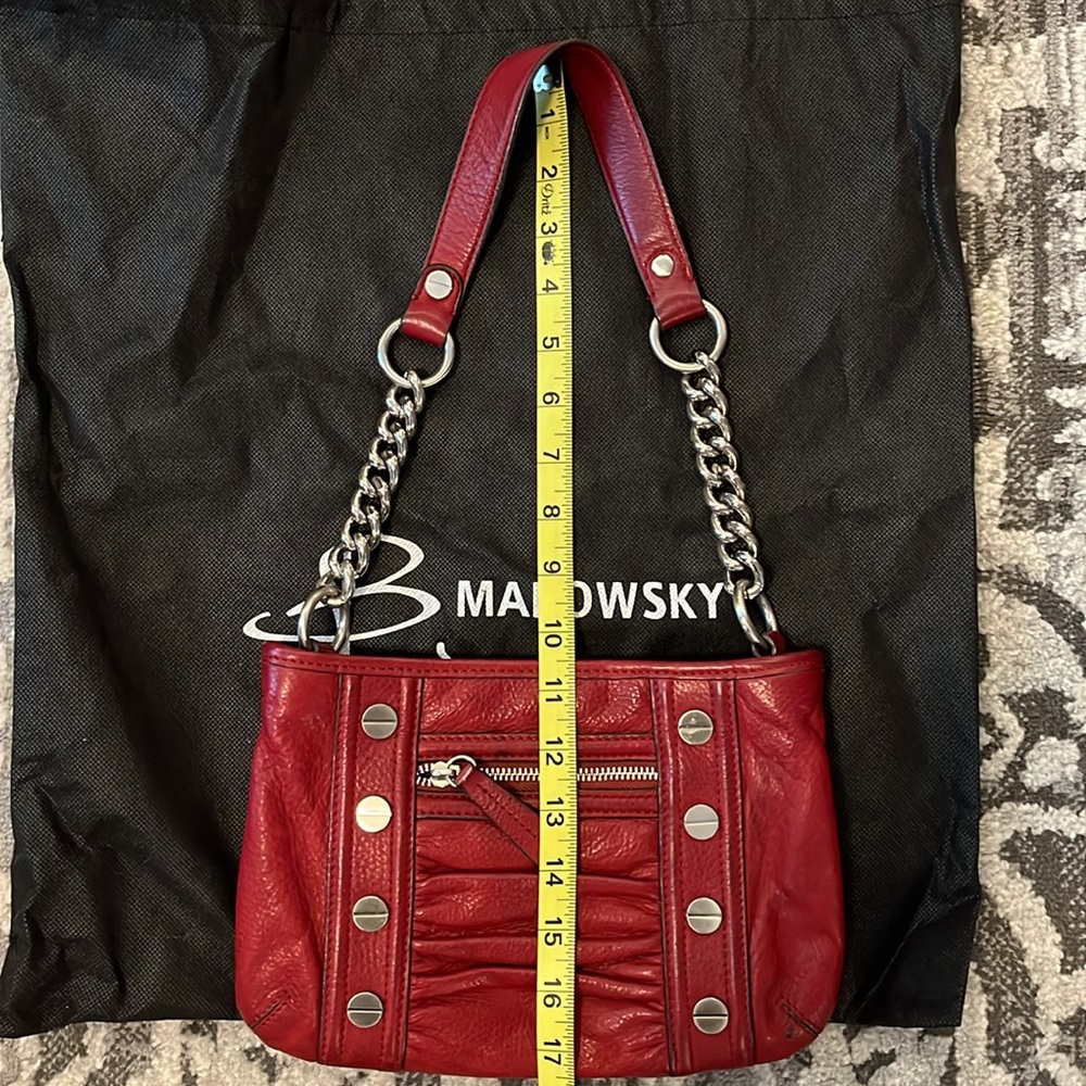 B Makowsky Red Leather silver chain strap shoulder Bag with studs and zipper